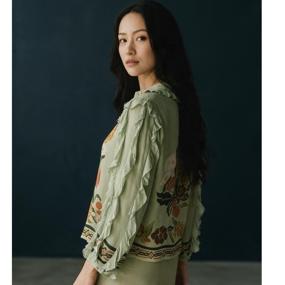 Blank London Anthropologie Green Floral Ruffle Sleeve Semi Sheer Blouse Small